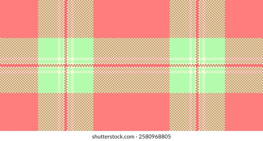 Vibrant pastel plaid pattern in coral, mint, and beige.  Perfect for textile design, website backgrounds, or fashion projects.