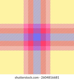 Vibrant pastel plaid pattern in pink, red, yellow, and blue hues.  Perfect for textile design, fashion, website backgrounds, or any project needing a cheerful, modern aesthetic.