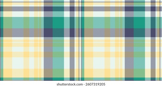 Vibrant pastel plaid pattern. Seamless texture with teal, yellow, and gray hues. Ideal for fashion, home decor, and textile designs.  Evokes feelings of spring and freshness.