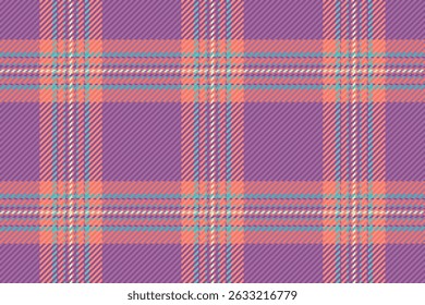 Vibrant pastel plaid pattern. Seamless textile design in soft coral, purple, and teal. Ideal for fashion, home decor, or website backgrounds.  Evokes feelings of warmth, comfort, and style.