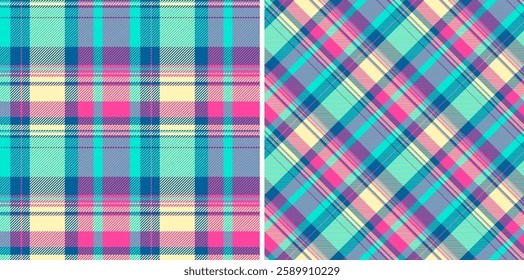 Vibrant pastel plaid patterns, perfect for textile design, fashion, or website backgrounds.  Two variations classic horizontal  diagonal checks.