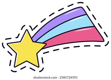 Vibrant patch design featuring a shooting star with a rainbow trail. Perfect for magical and whimsical themes, ideal for fashion accessories or creative projects