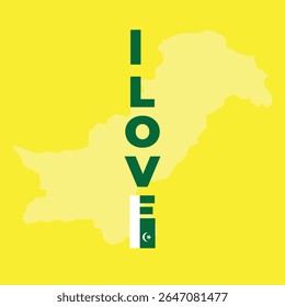 Vibrant, patriotic art, I LOVE Pakistan with its distinctive map in light yellow on bright yellow, and the E cleverly replaced by a stylized Pakistani flag. Show your pride.