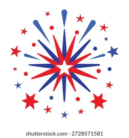 Un vibrante y patriótico espectáculo de fuegos artificiales en rojo, blanco y azul, con una explosión estelar central con Elementos radiantes y estrellas dispersas.