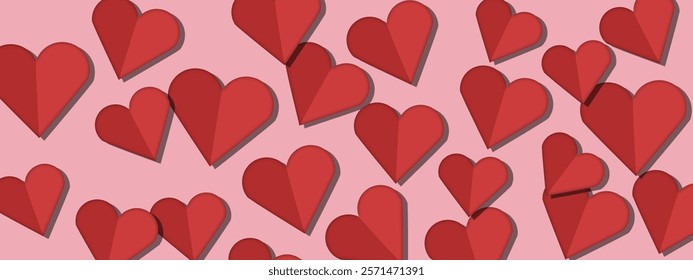 A vibrant pattern of 3D red hearts in a paper-cut style on a pink background, creating a bold and romantic design, perfect for Valentine’s Day themes or love-inspired projects.