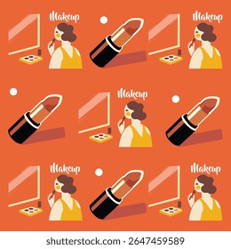 Vibrant pattern background with aesthetic makeup artist elements in flat vector style, perfect for beauty and cosmetics designs.