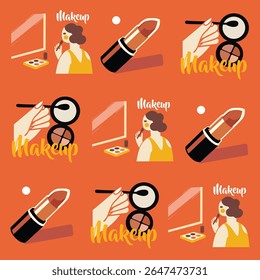Vibrant pattern background with aesthetic makeup artist elements in flat vector style, perfect for beauty and cosmetics designs.