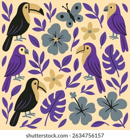 A vibrant pattern of birds, flowers, leaves, and butterflies