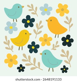A vibrant pattern of birds and flowers on a blue background