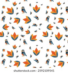 Vibrant Pattern of Blue and Orange Birds with Geometric Floral Elements