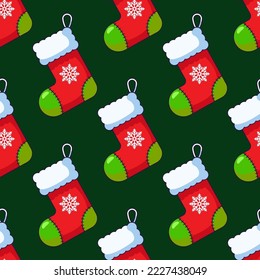 Vibrant pattern of cartoon Christmas sock. Winter, holiday and present concept 