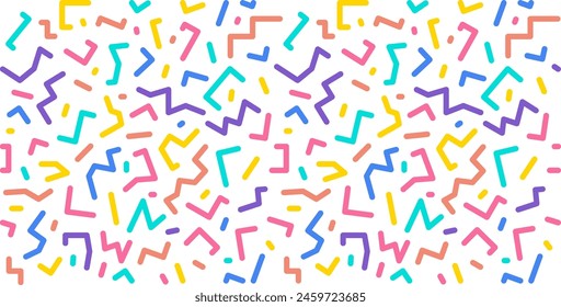 Vibrant pattern with colorful confetti and lively doodles ideal for decorating design children party backdrops events invitations.