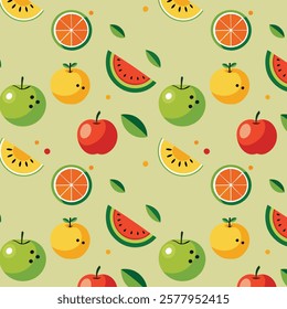 Vibrant Pattern of Colorful Fruits Including Apples and Oranges