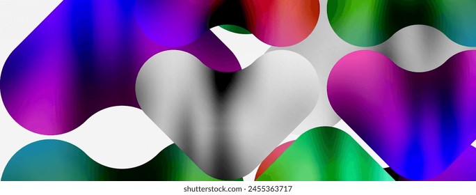 A vibrant pattern of colorful hearts in shades of purple, magenta, and pink, floating on a white background. The art showcases symmetry, petal shapes, and closeup details in a circular arrangement