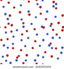 A vibrant pattern consisting of red and blue stars distributed across a white base, ideal for festive and celebratory designs or backgrounds.