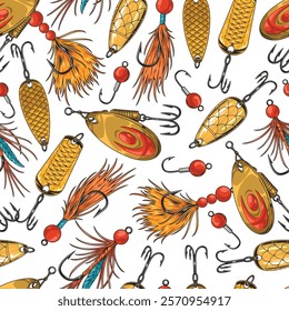 A vibrant pattern displays various fishing lures and hooks in bright colors. Detailed designs include feathers and shiny surfaces suitable for fishing enthusiasts and artists alike.