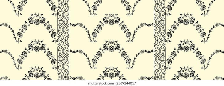 Vibrant Pattern with ethnic floral arrangements and geometric borders for textiles, wallpapers, and gift wraps.