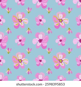 A vibrant pattern features pink flowers and buds against a soft blue backdrop, adding charm.