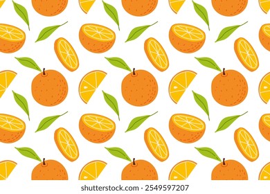 A vibrant pattern features whole oranges, orange slices, and green leaves