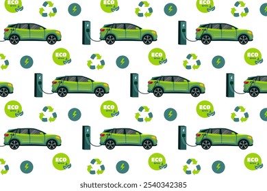 A vibrant pattern featuring a car charging station and natural elements, depicting eco-friendly transport in a modern setting.