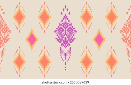 A vibrant pattern featuring colorful diamonds and intricate designs, set against a light background, creating a lively and artistic feel.