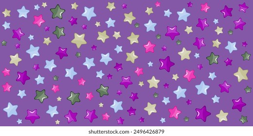 A vibrant pattern featuring colorful stars of various sizes on a lilac background. Ideal for wallpaper, print for childrens clothing and accessories. Blue, pink, green, beige, purple, lilac color.