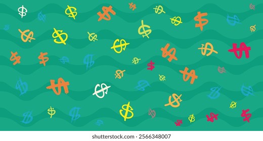 A vibrant pattern featuring colorful US dollar symbols in various styles and sizes on wavy green stripe background. Hand drawn Doodle
