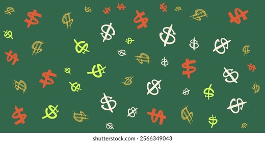 A vibrant pattern featuring colorful US dollar symbols in various styles and sizes on green background. Hand drawn doodle 
