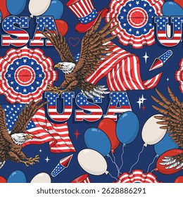 A vibrant pattern featuring eagles stars and stripes against a blue background. The design includes balloons festive hats and decorations symbolizing national celebrations.