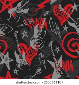 A vibrant pattern featuring electric guitars stars and hearts in shades of red and gray against a black background. This design embodies a dynamic and edgy rock music theme.