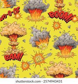 A vibrant pattern featuring explosive comic-style illustrations. The design includes various explosion shapes with text elements conveying energy and impact set against a cheerful yellow background.