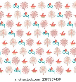 A vibrant pattern featuring festive fireworks and elegant masks. Perfect for adding a touch of celebration to event invitations, party decor, and holiday-themed designs.