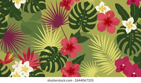 A vibrant pattern featuring hibiscus, plumeria, orchids, and bird of paradise flowers, along with monstera and palm leaves, creating a tropical foliage design.