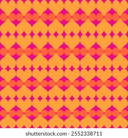 A vibrant pattern featuring interconnected hearts and circles, showcasing bright orange and pink hues in a symmetrical design.