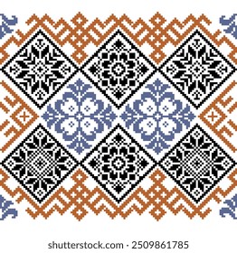 A vibrant pattern featuring intricate black, blue, and brown floral motifs within diamond shapes. The design, set against a white background, evokes classic folk embroidery.