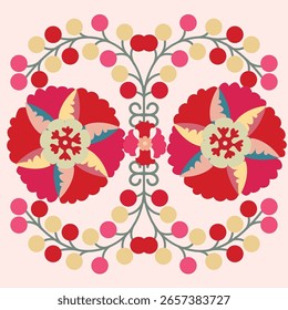 A vibrant Suzaní-inspired pattern featuring intricate floral and geometric designs. Rich colors and detailed motifs reflect the traditional textile art of Central Asia