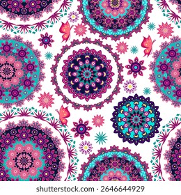 A vibrant pattern featuring intricate mandalas and floral designs in bold colors, suitable for textiles or graphic design.