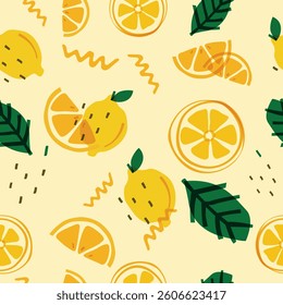 A vibrant pattern featuring lemons, lemon slices, and green leaves on a light yellow background. The lemons are depicted in a cartoon style with a slightly textured surface.