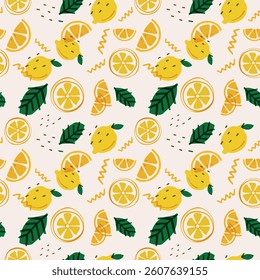 A vibrant pattern featuring lemons, lemon slices, and green leaves on a light yellow background. The lemons are depicted in a cartoon style with a slightly textured surface. Vector.