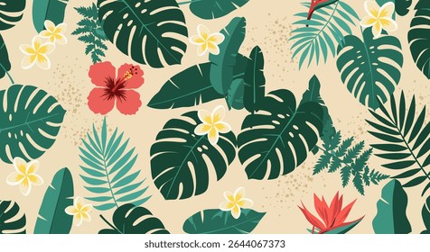 A vibrant pattern featuring monstera leaves, banana leaves, ferns, hibiscus, plumeria, and bird of paradise flowers in a tropical design.