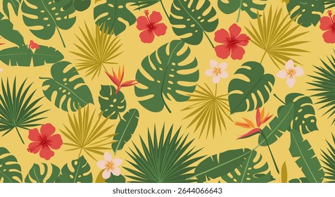 A vibrant pattern featuring monstera, palm leaves, hibiscus, plumeria and bird of paradise flowers on a yellow background.