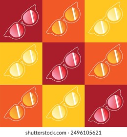 A vibrant pattern featuring multiple sets of sunglasses in various shades of red, orange, and yellow. The repeating design elements create a lively and dynamic composition.