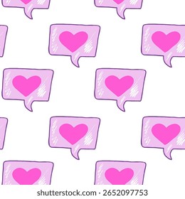 Um padrão vibrante com bolhas de fala de coração rosa em um fundo branco adiciona charme e alegria a qualquer projeto. Ideal para gráficos, têxteis e artigos de papelaria.
