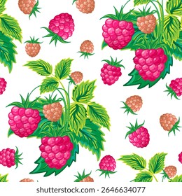 A vibrant pattern featuring pink raspberries and brown berries amidst green leaves, ideal for textiles or decorative designs.