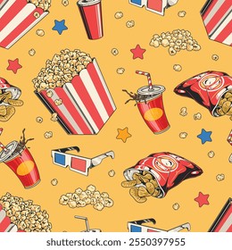 A vibrant pattern featuring popcorn snacks drink cups and 3D glasses set against a cheerful yellow background. Perfect for cinema-themed designs and decorations.