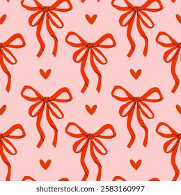 Vibrant pattern featuring red bows and hearts on a soft pink background ideal for festive occasions