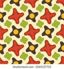 A vibrant pattern featuring red stars and black flowers with green accents on a cream background, perfect for textiles and decorative purposes.