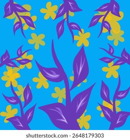 A vibrant pattern featuring stylized purple leaves and branches, with a hint of yellow in one corner, against a bright blue background