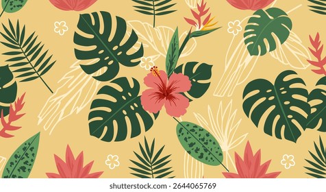 A vibrant pattern featuring tropical foliage, including monstera leaves, palm fronds, hibiscus, and bird of paradise flowers in a flat, stylized design.