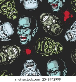 A vibrant pattern featuring various monster faces in different colors. The design includes grinning snarling and expressive features against a dark background highlighting unique artistic styles.